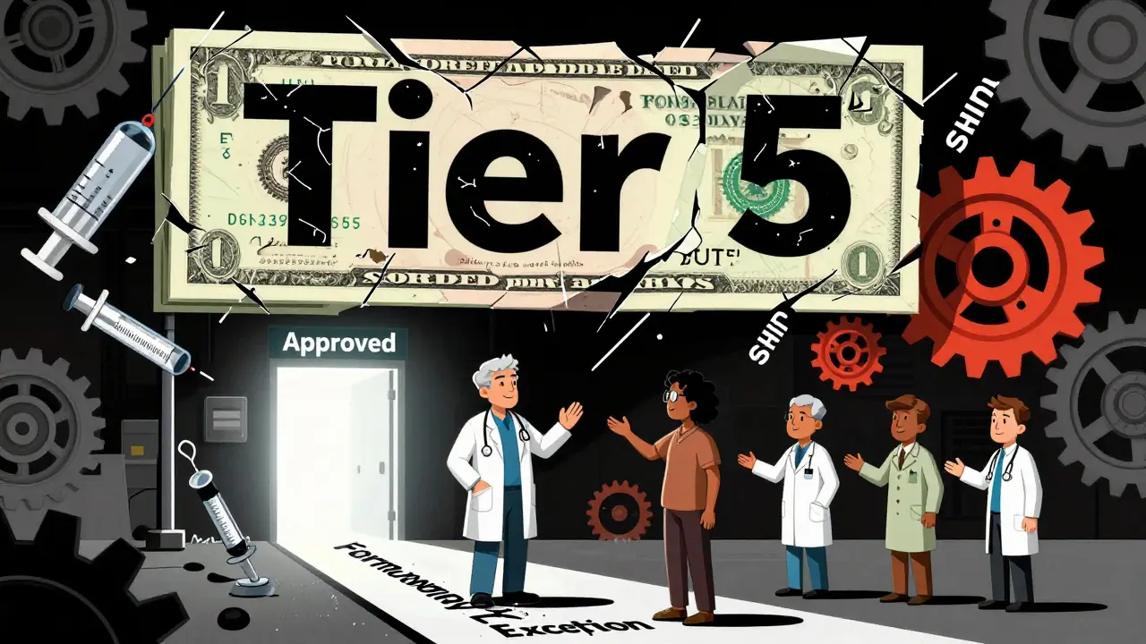 Patient and provider facing a crumbling Tier 5 sign, guided toward an 'Approved' door by healthcare supporters.