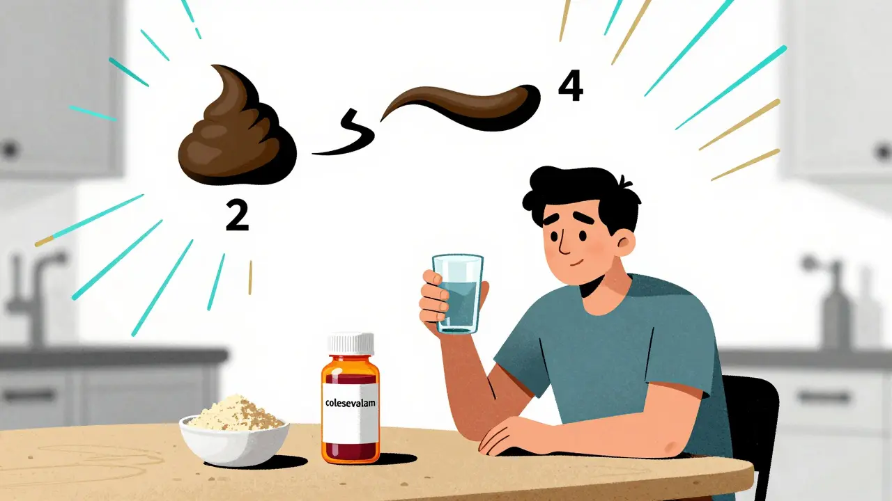 Patient managing colesevelam side effects with water, fiber, and prune juice.