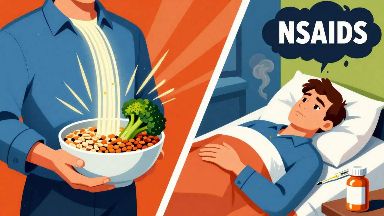 Person eating high-fiber foods while NSAIDs dissolve into smoke