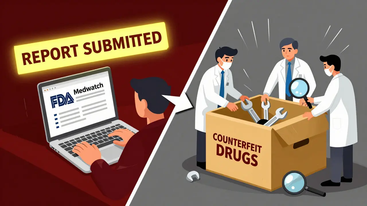 Person reporting fake medicine online while FDA agents dismantle counterfeit drug crates in stylized industrial scene.