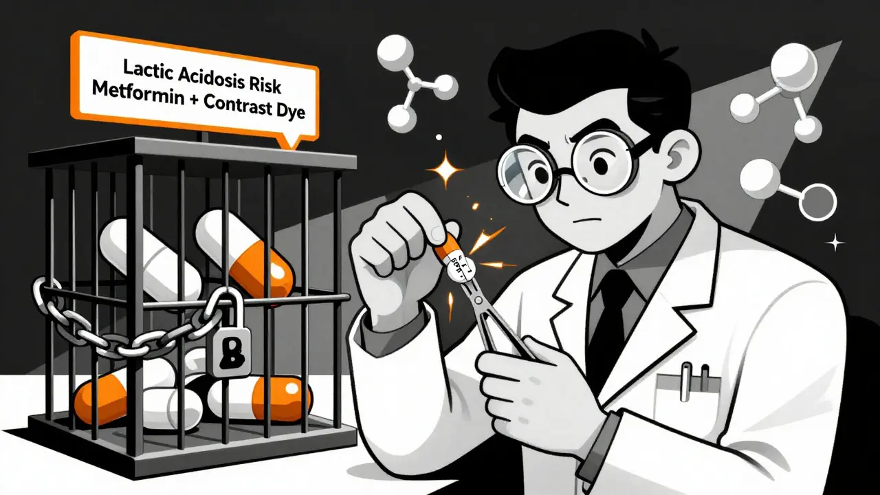 Pharmacist separating dangerous drug combinations with forceps in bold Constructivist style