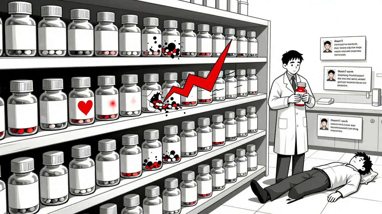 Pharmacy shelf with half-failed generic pills, one causing a patient to collapse, illustrated in bold geometric style.