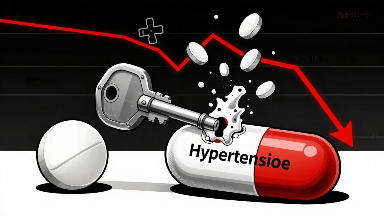 Single-pill combination tablet unlocking hypertension as a mechanical lock with floating medical symbols.