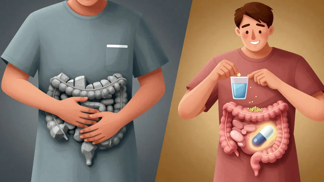Split scene: fecal impaction in ER vs. proactive gut health with low-dose medication.