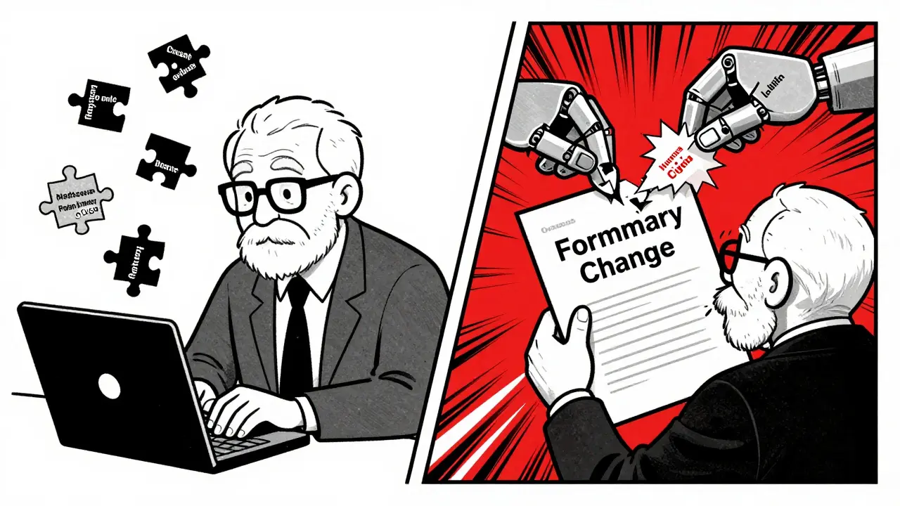 Split scene of a person checking Medicare.gov while a formulary letter is torn apart by insurance company hands.