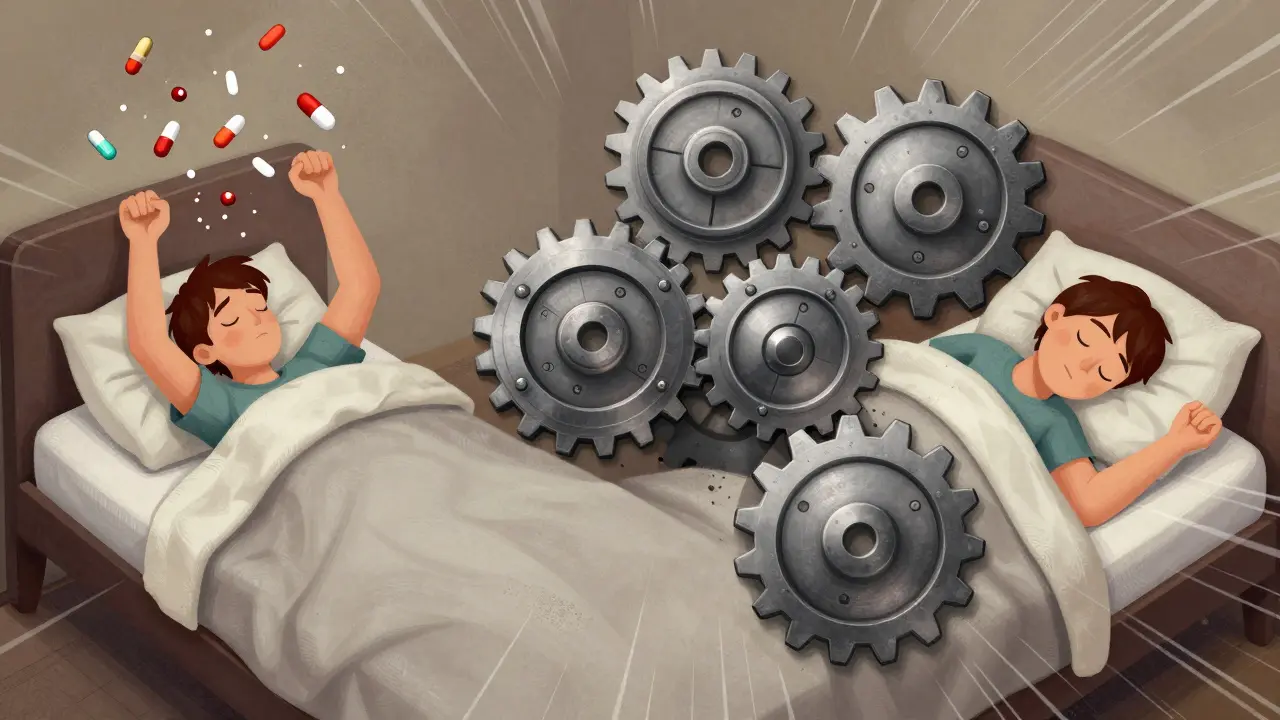 Split-screen: pills fading vs. five gears turning in harmony to restore peaceful sleep.