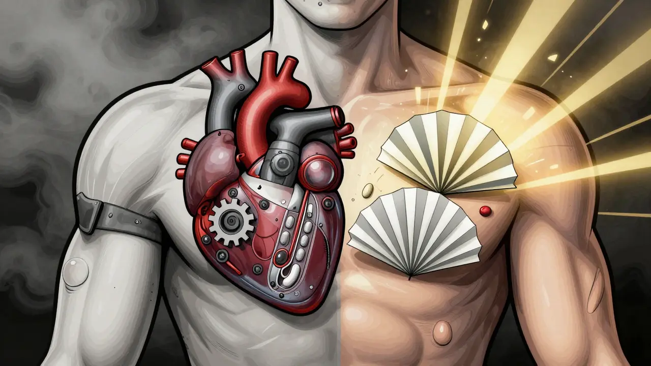 Split torso showing beta blockers slowing a mechanical heart and calcium blockers expanding arteries.