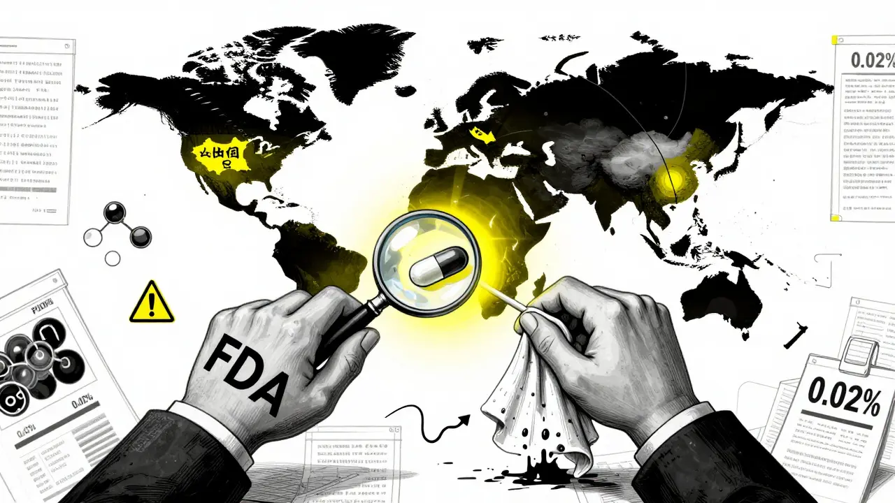 Two hands gripping a pill — one inspecting, one falsifying data — against a global drug supply map in Constructivist style.