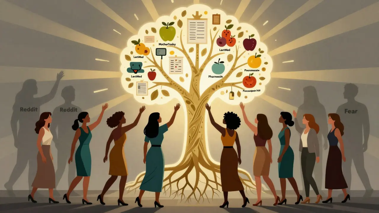 Women reaching toward a medical knowledge tree while misinformation fades in background.
