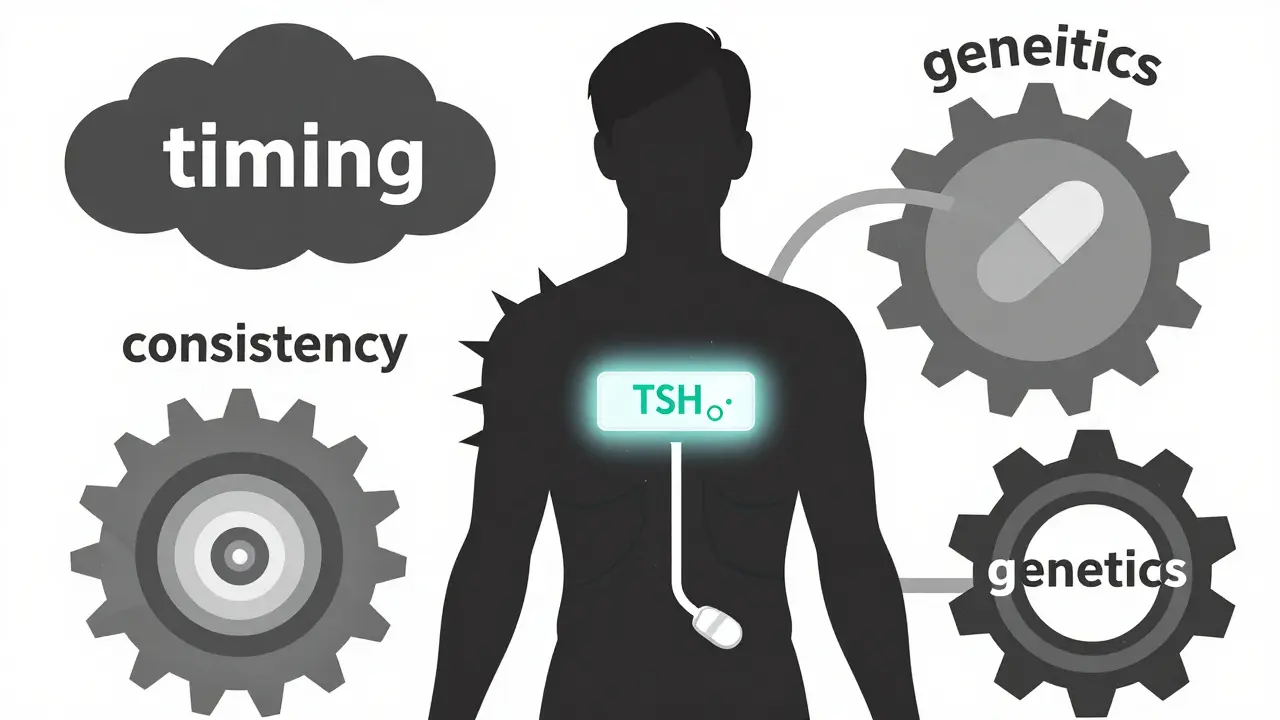 A human silhouette with a TSH meter showing stable vs. disrupted hormone absorption due to soy timing.