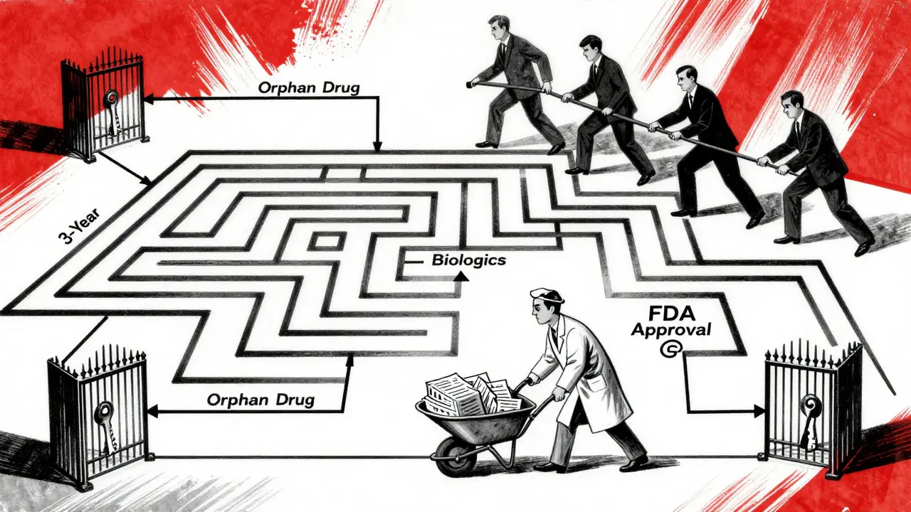 A labyrinth of regulatory paths leads to locked gates, with lobbyists pulling levers behind a scientist.