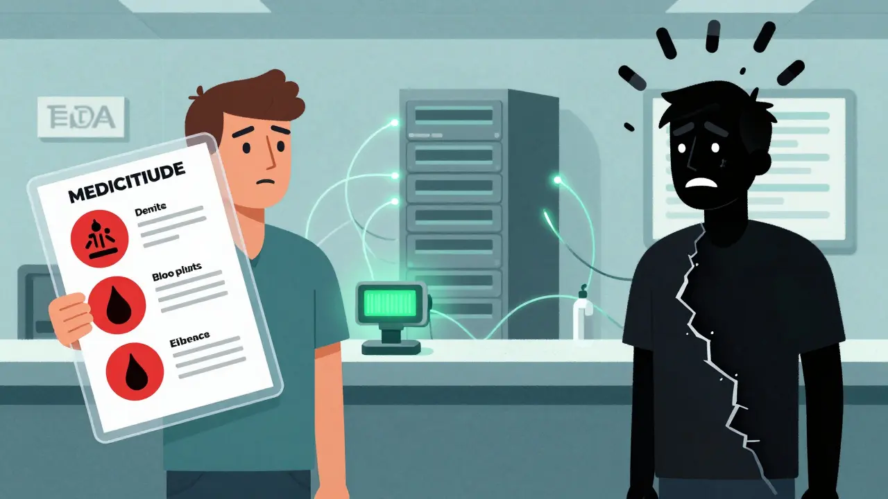 A patient split between informed and confused states, with safety icons and a glowing barcode scanner linking to an FDA server.