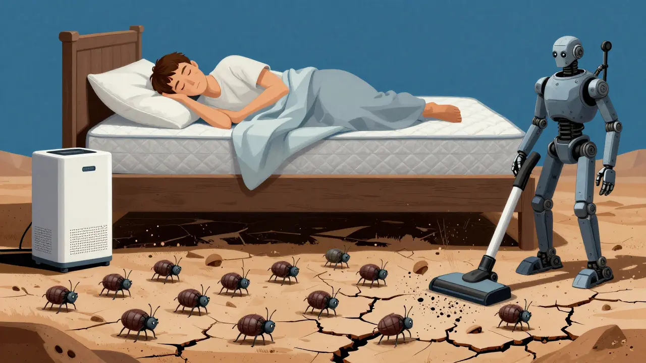 A person sleeping under an allergen-proof mattress cover while dust mites die in a dry landscape below, with dehumidifier and vacuum nearby.