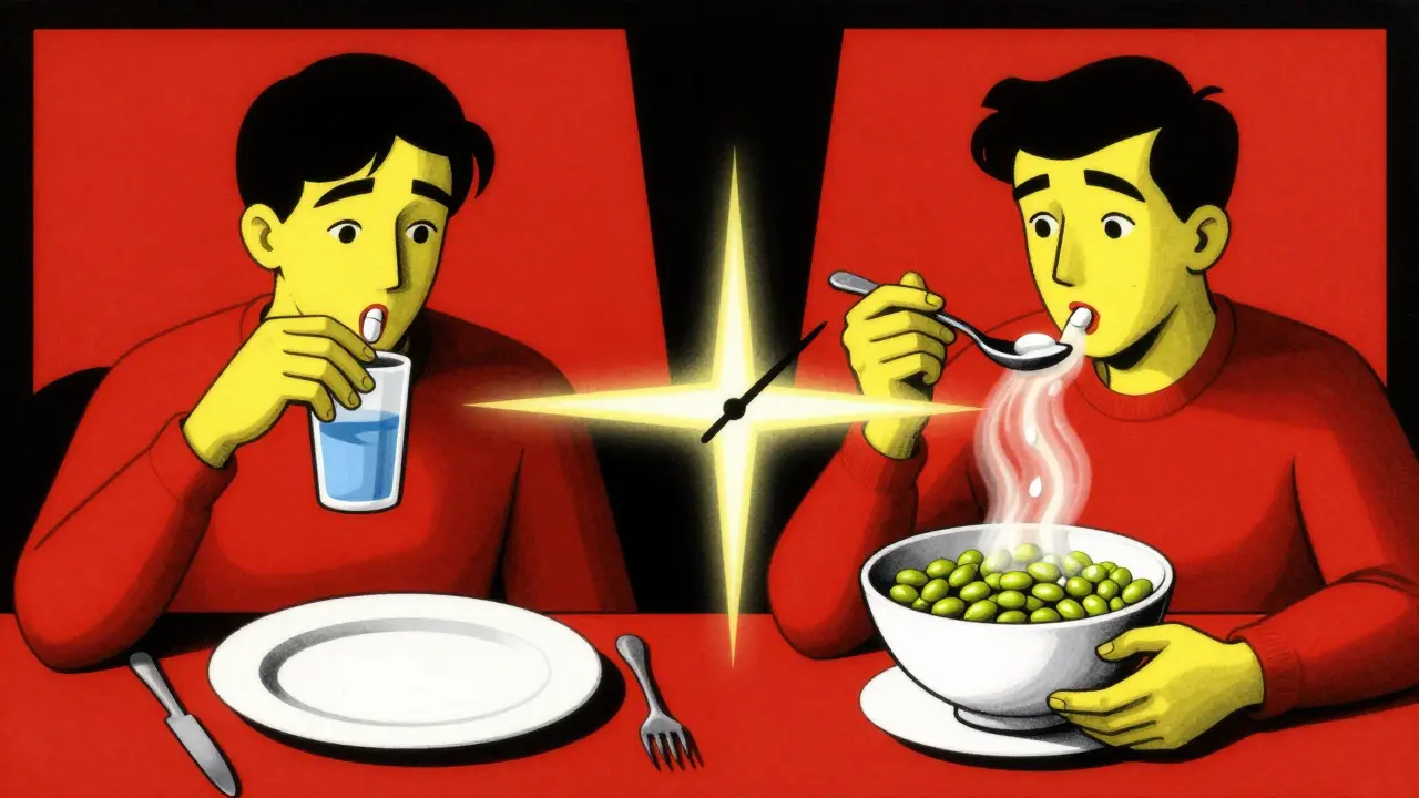 A person taking thyroid medication in the morning, then eating soy foods three hours later with a time barrier between.