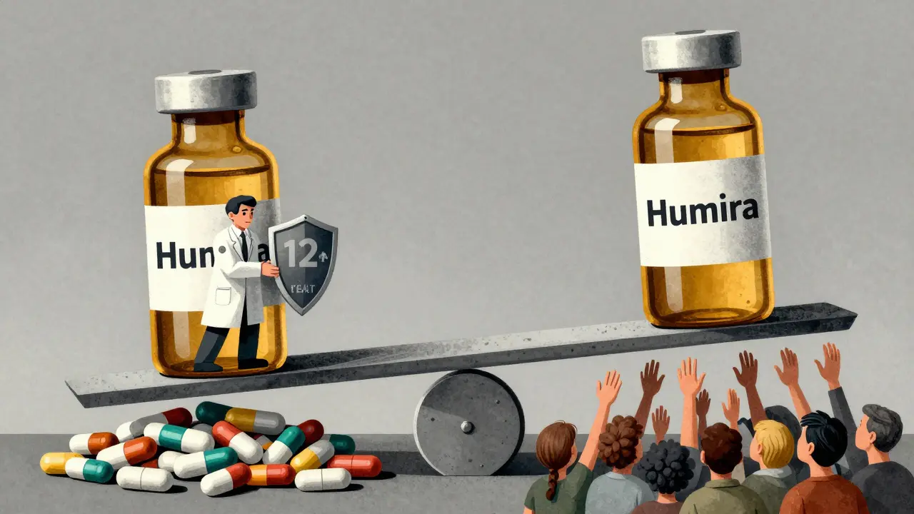 A scale balances a golden biologic vial against generic pills, symbolizing monopoly versus patient access.