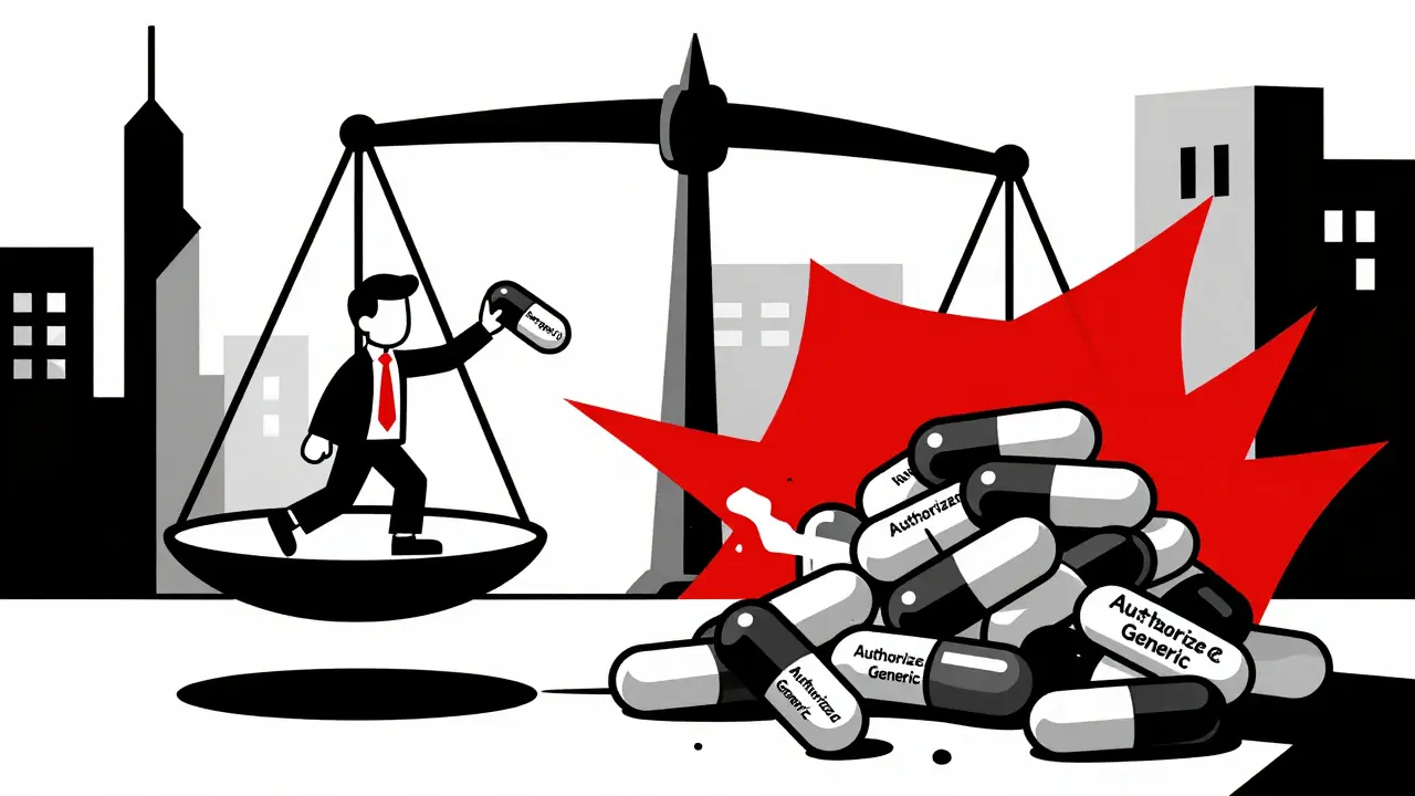 A small generic pill is crushed by a massive pile of authorized generics on a tilted scale, symbolizing unfair market imbalance.