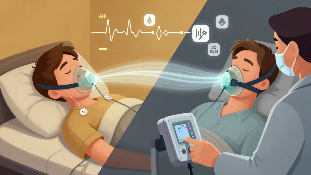 A split-night sleep study shows a patient transitioning from monitoring to CPAP therapy with data icons floating above.