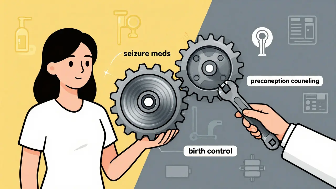 A woman adjusting interlocking gears labeled seizure meds and birth control, with a doctor helping to align them for safety.