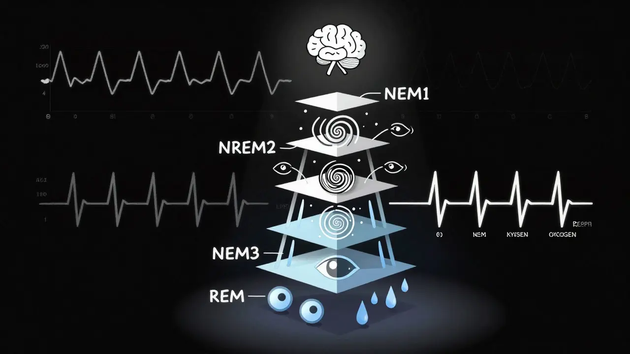 An abstract geometric tower represents the stages of sleep, with icons for brain waves, eye movements, and oxygen levels.