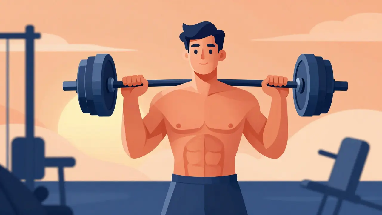 Athlete training with smooth geometric muscle shapes under sunrise