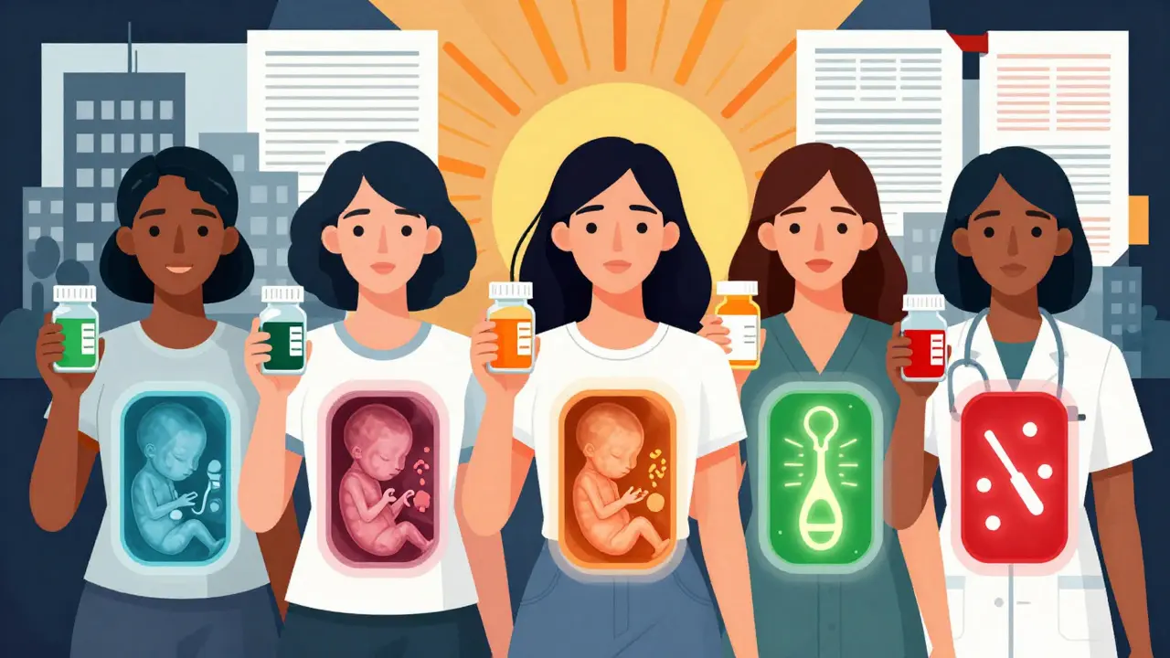 Diverse women holding pill bottles with transparent fetal scans showing safe vs. risky outcomes, symbolizing healthcare equity.