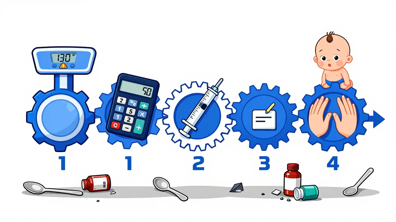 Five-step medication safety checklist as a mechanical assembly line with baby emerging safely at the end.