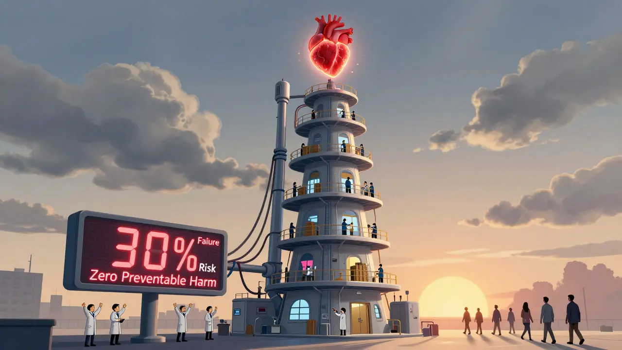 Futuristic factory tower with heart at top, connected to quality control stages, patients walking safely below.