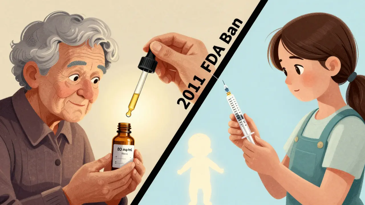 Grandparent using old dropper vs. young parent using modern syringe, separated by FDA ban timeline.