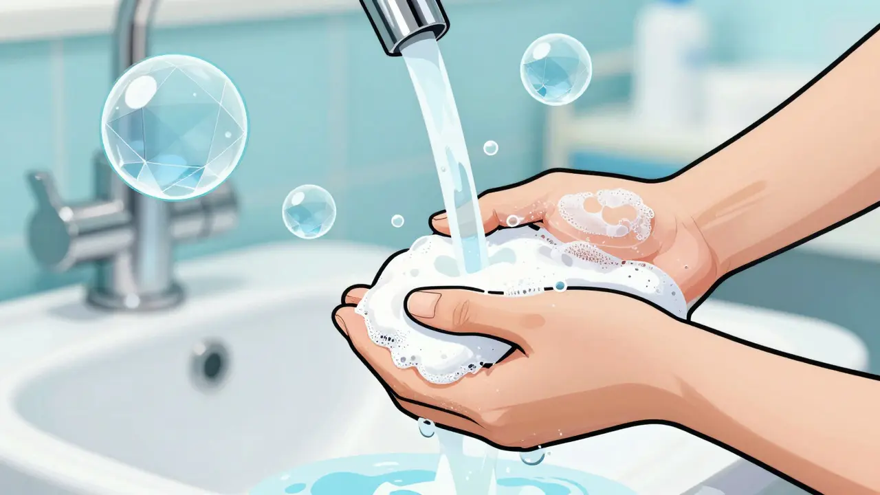 Handwashing with soap bubbles and water droplets