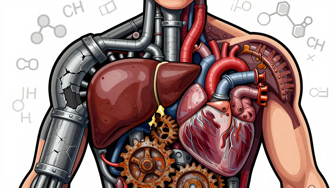 Human figure with corroded liver and heart machinery parts