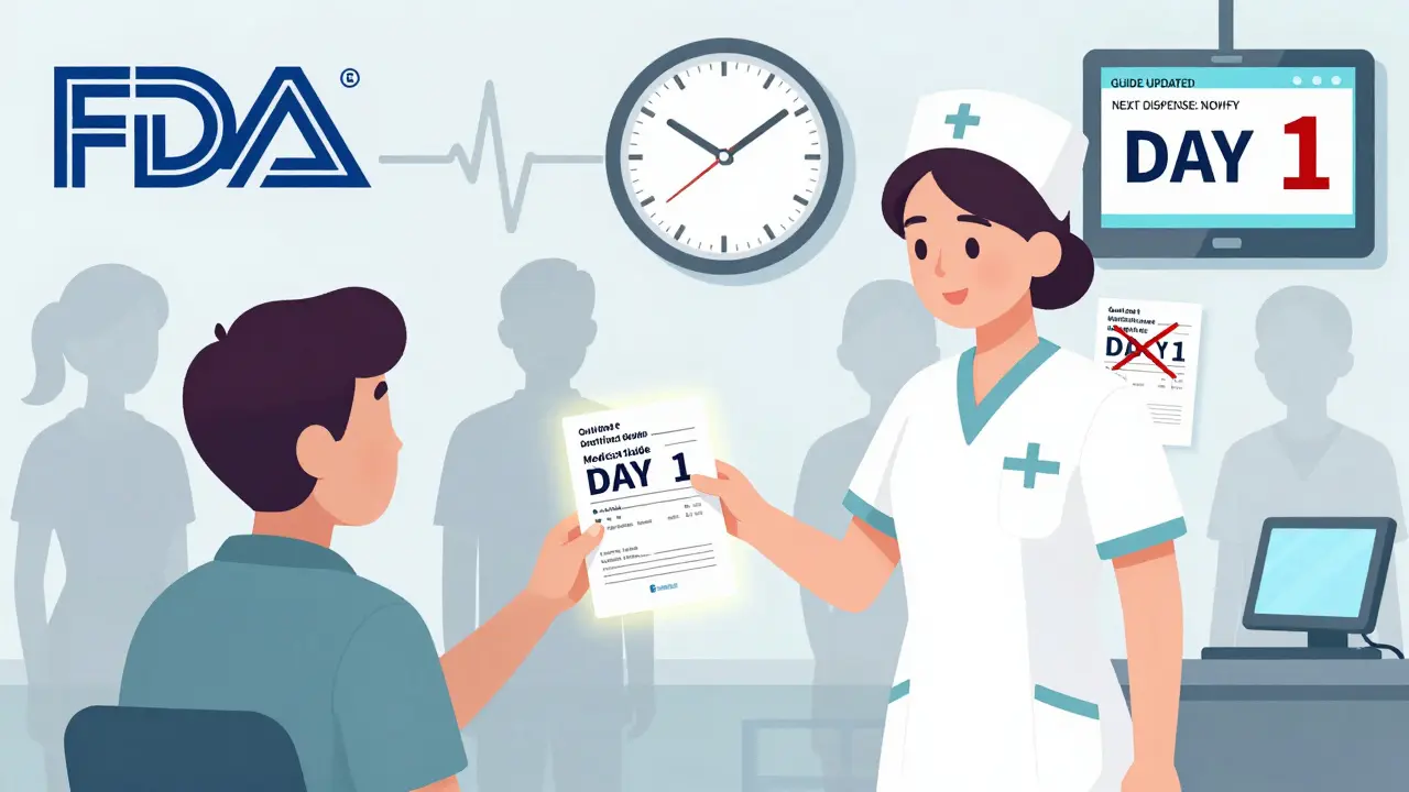 Nurse giving a Medication Guide to a patient for the first time in a clinic, with faded copies and a 'DAY 1' clock in background.