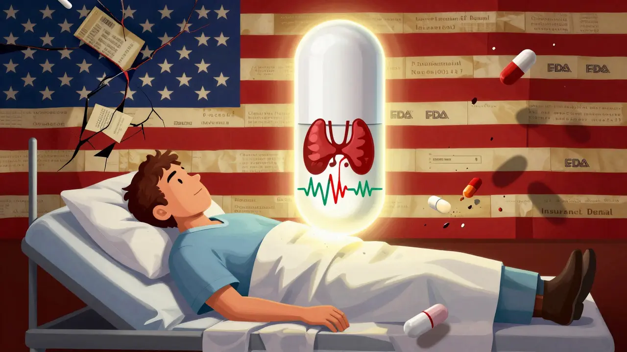 Patient in bed with glowing brand pill as protective shield, crumbling generics around, medical icons pulsing safely inside the pill.