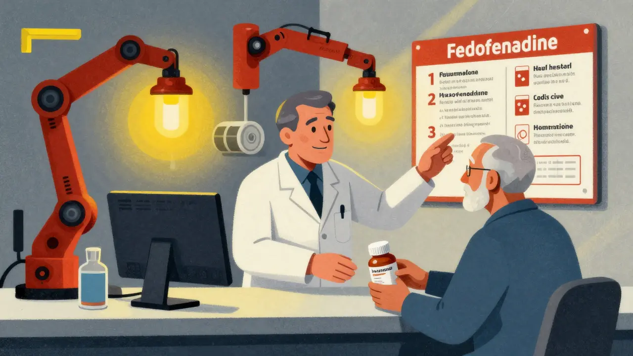 Pharmacist handing safe allergy medication to senior, with home safety tools depicted as bold geometric shapes.