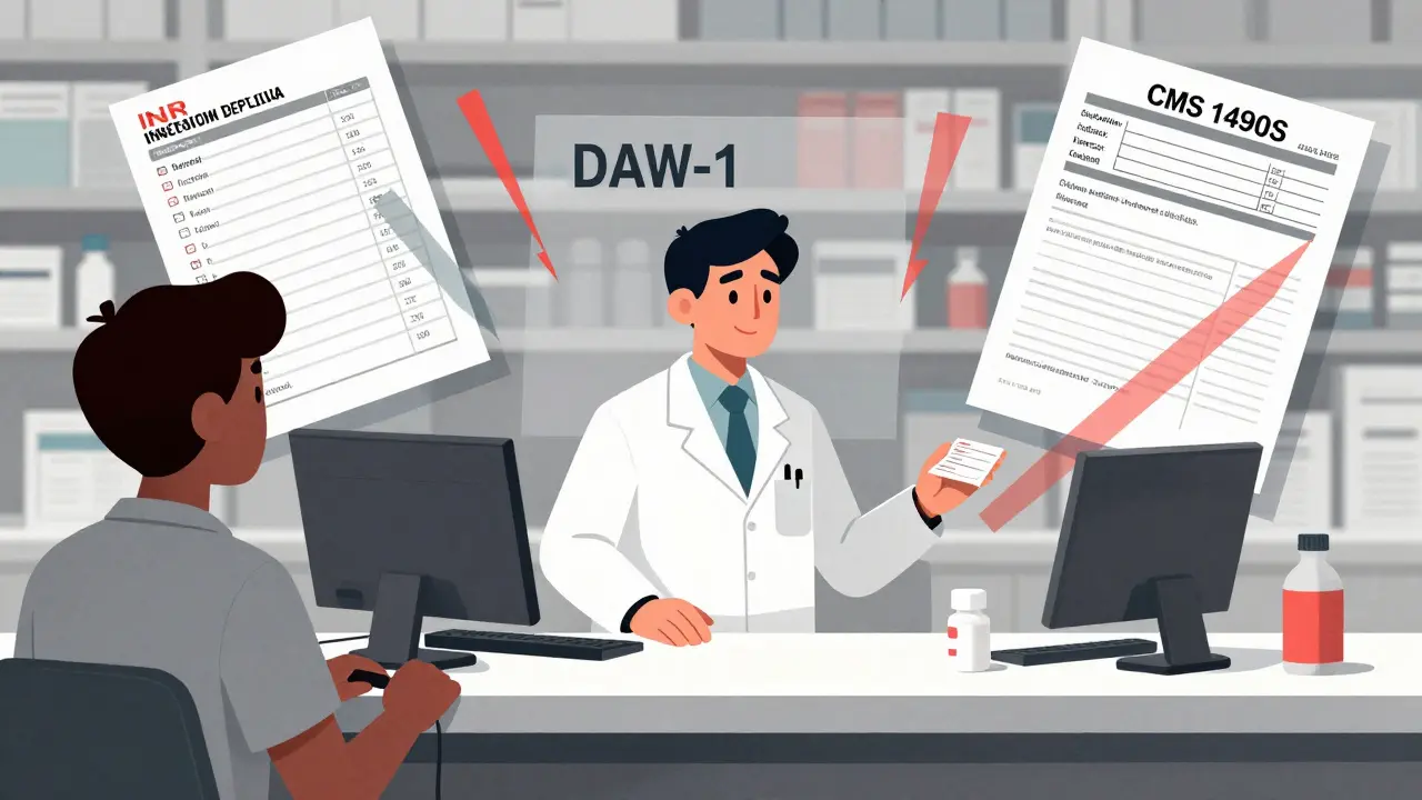 Pharmacy counter scene with refused prescription, floating medical records and insurance forms in angular, layered composition.