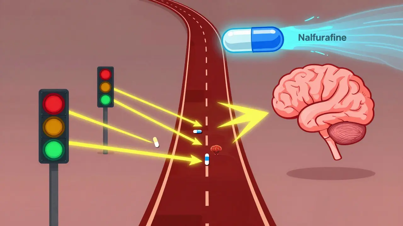 Spinal cord with glowing receptors sending itch signals to the brain, while a futuristic drug blocks the pathway.