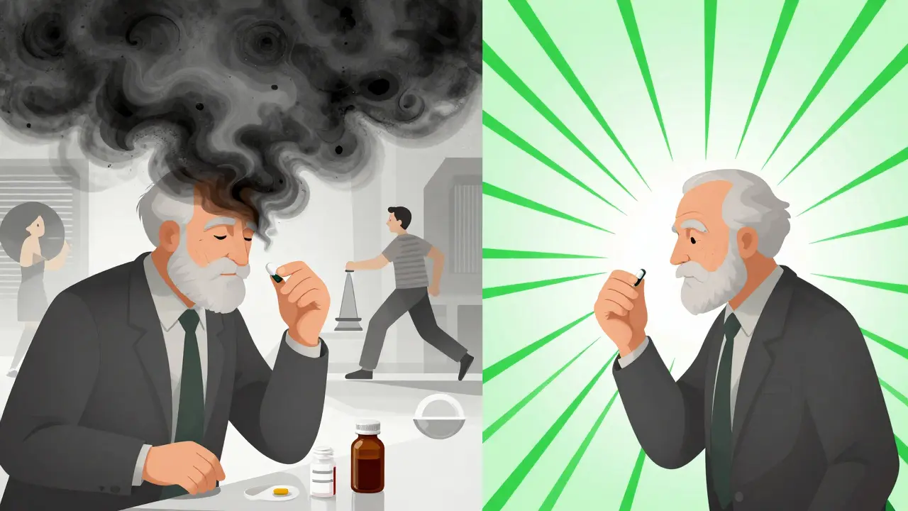 Split image: senior taking risky antihistamine vs. switching to safer one, with visual symbols of confusion and clarity.