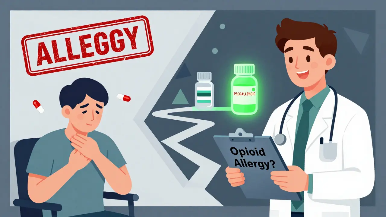 Split scene: a patient oppressed by an 'allergy' label versus one empowered by correct diagnosis and better pain options.