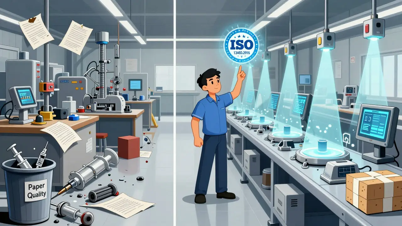 Split scene: chaotic factory vs. organized, AI-monitored production line with ISO 13485:2016 emblem.