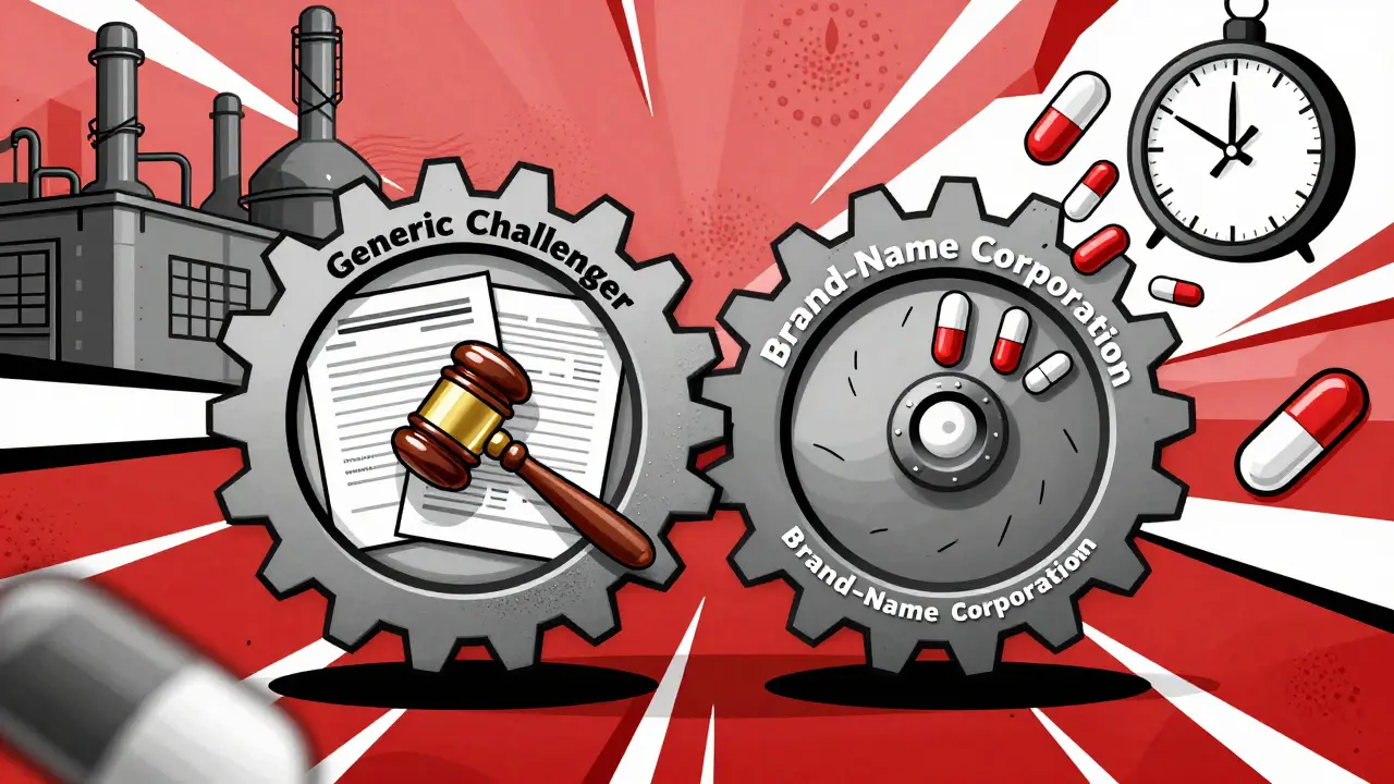 Two industrial gears labeled 'Generic Challenger' and 'Brand-Name Corporation' clash, spilling identical pills with different labels.