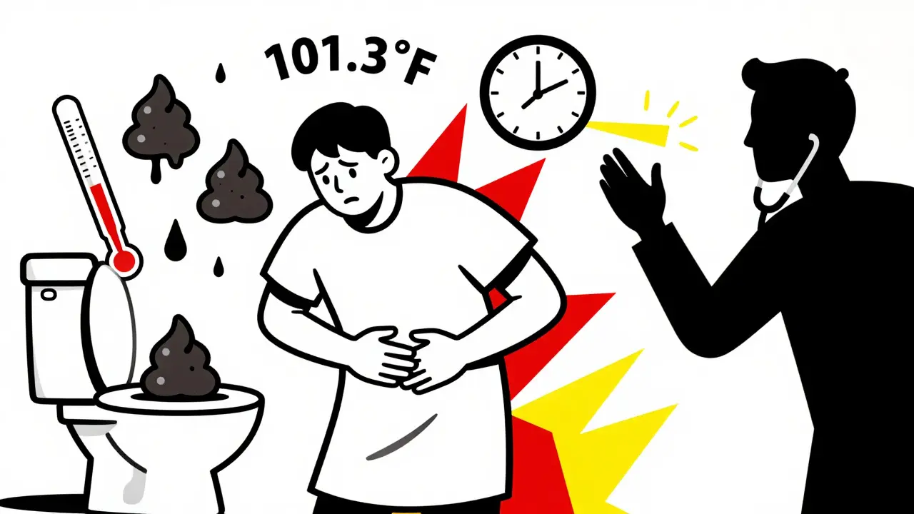 A patient in pain with floating symbols of diarrhea, fever, and a 12-week clock, as a doctor reaches out with a warning siren stethoscope.