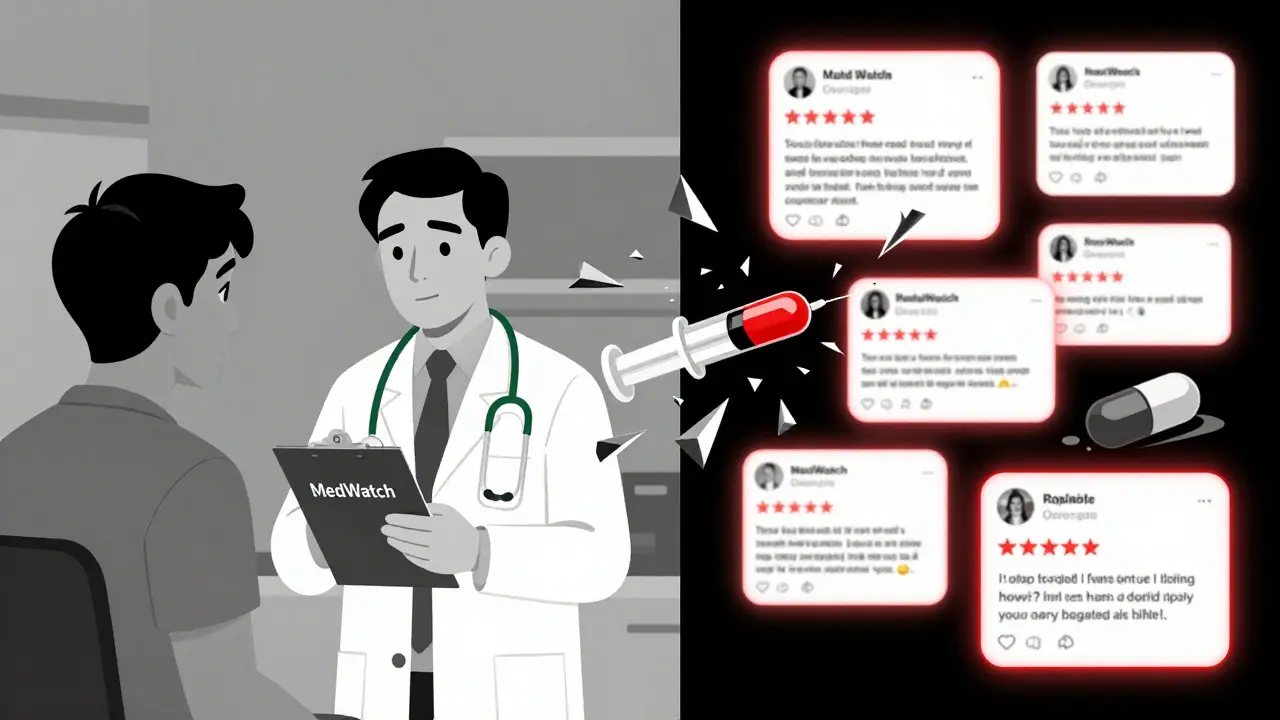 A patient reporting side effects to a doctor while fake online reviews glow beside a hidden stimulant in a supplement capsule.