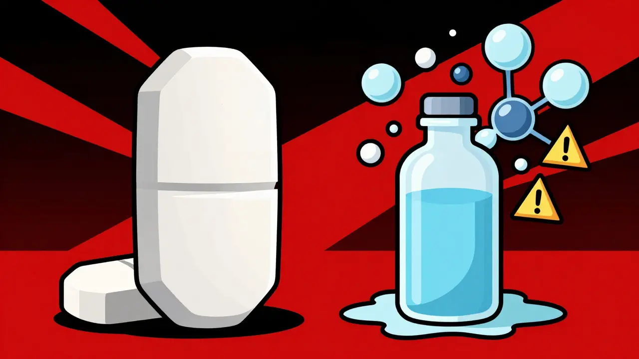 Abstract illustration showing stable pills versus volatile liquid meds.