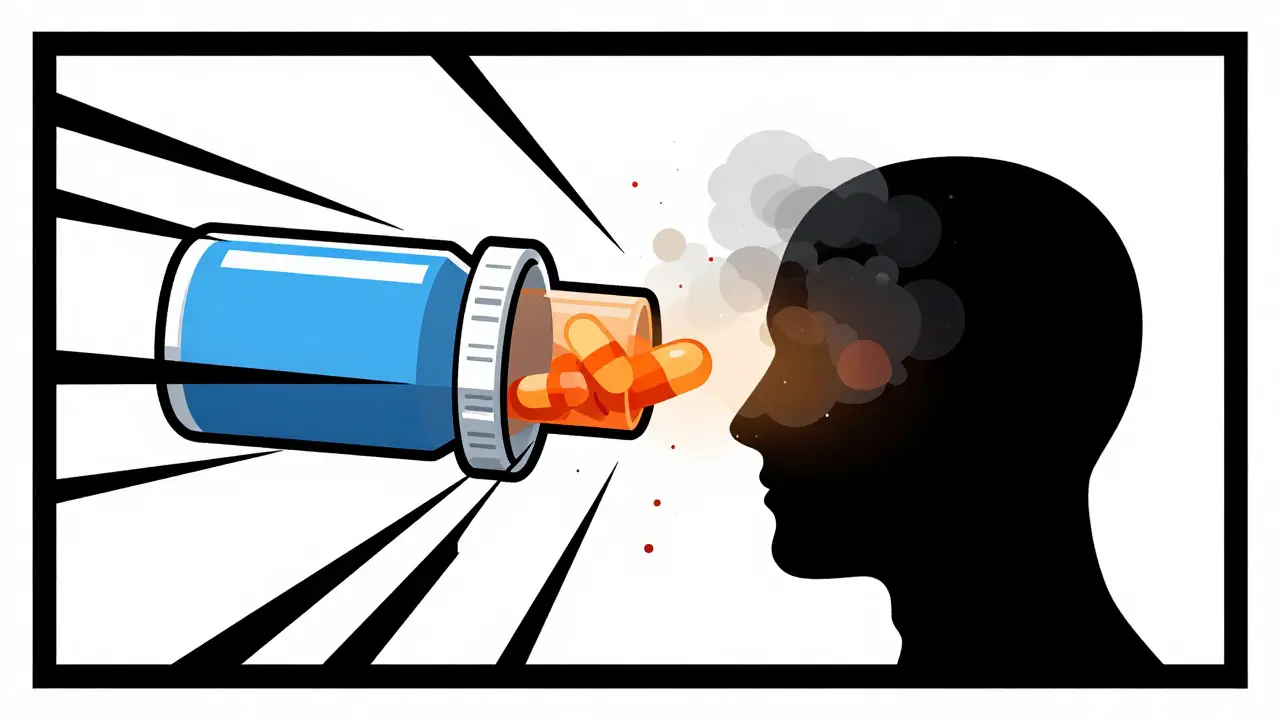 Abstract pills merging into static noise representing dangerous medication interactions.