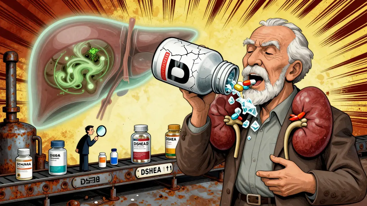 An elderly man taking supplements as toxic crystals leak into his kidneys, with factory conveyor belts carrying untested products.