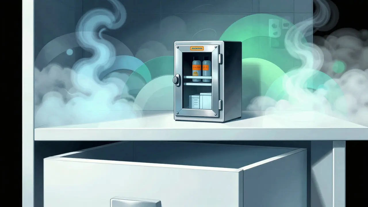 Constructivist scene comparing dry storage to humid bathroom environment.