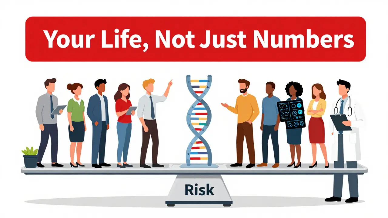 Diverse individuals on a risk scale weighed down by social factors, lifted by genetics and medical scans.