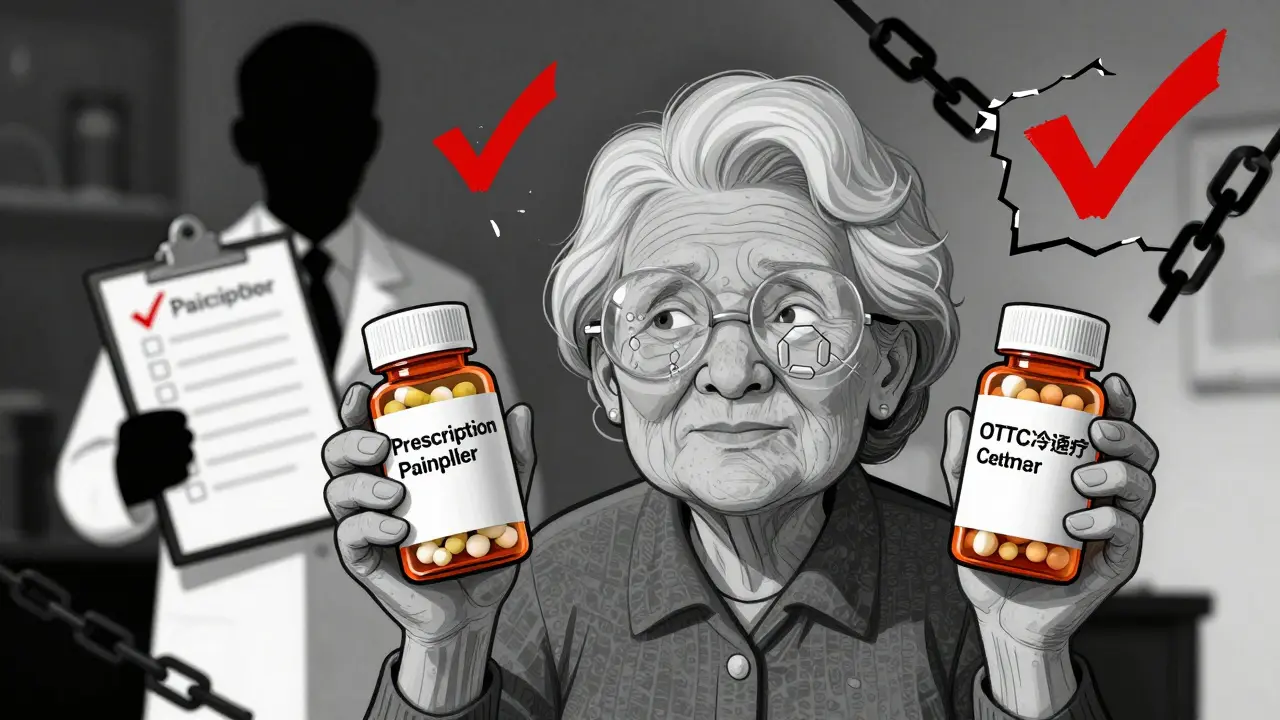 Elderly woman holding two pill bottles with hidden identical chemicals inside