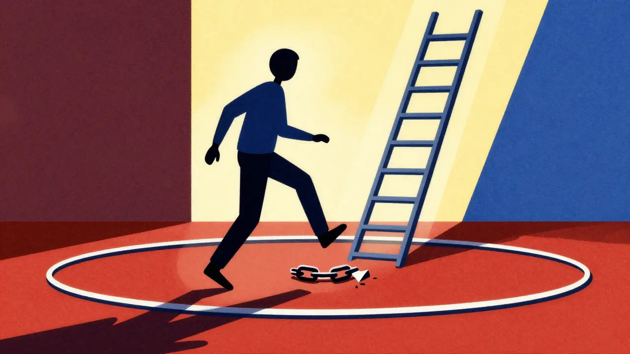 Figure stepping off loop with broken chain symbolizing recovery.