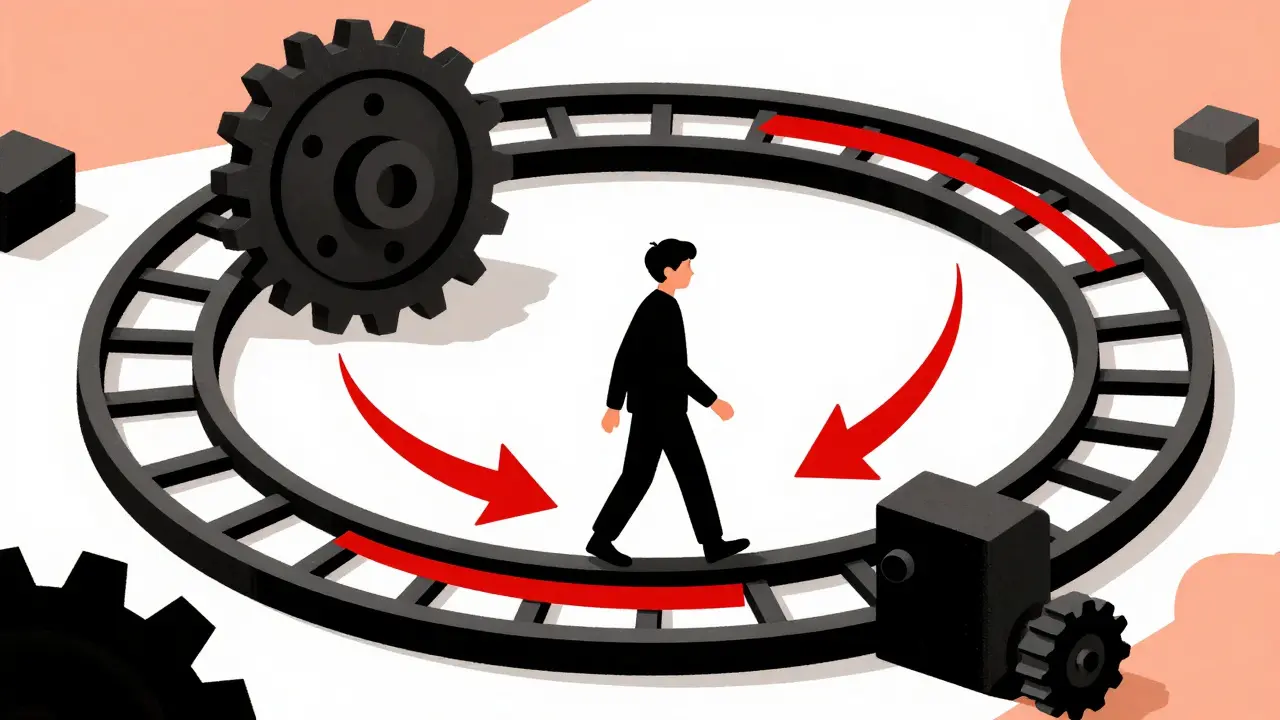 Figure walking on circular gear track representing anxiety cycle.