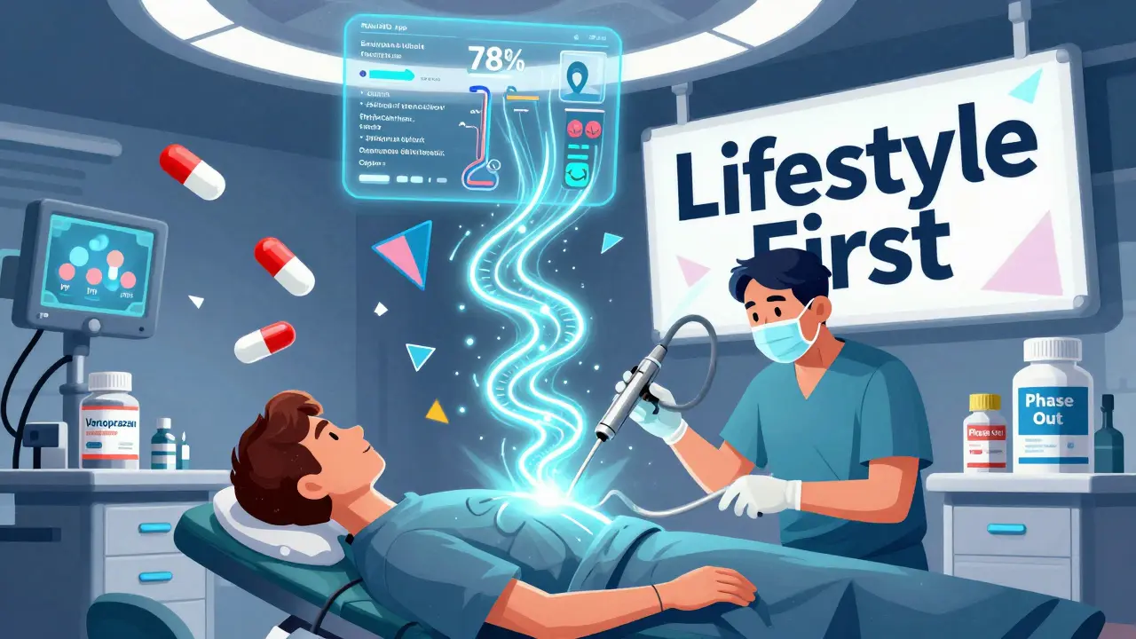 Futuristic GERD treatment scene with TIF surgery, AI data streams, and Vonoprazan beside declining PPI bottles.